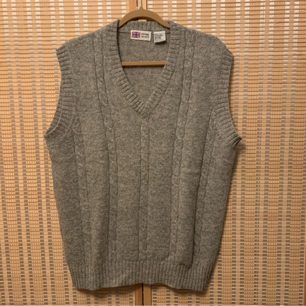 Royal Scott Pure Shetland Wool Cableknit V Neck Vest Size L Vintage